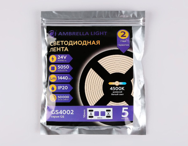 Светодиодная лента Ambrella Light Illumination 24В 5050 14,4Вт/м 3000K 5м IP20 GS4002 Светодиодная лента Ambrella Light Illumination 24В 5050 14,4Вт/м 3000K 5м IP20 GS4002