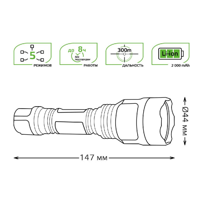 Ручной светодиодный фонарь Gauss аккумуляторный 147х44 400 лм GF205