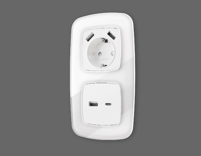 Лицевая панель для розетки с/з со шторками 2USB A+A Ambrella Volt Omega OP1290 Лицевая панель для розетки с/з со шторками 2USB A+A Ambrella Volt Omega OP1290