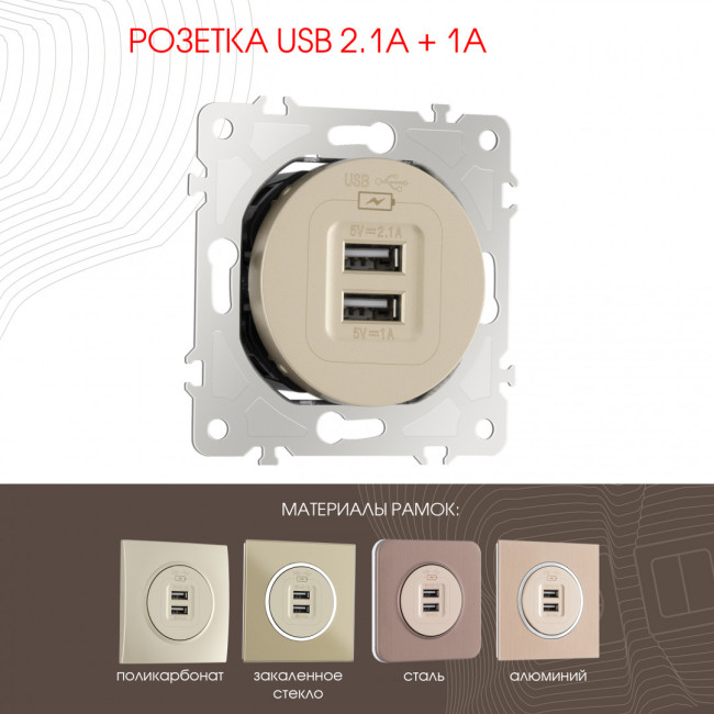 Розетка USB 2.1А+1А Arte Milano 202.46-1.shampan Розетка USB 2.1А+1А Arte Milano 202.46-1.shampan