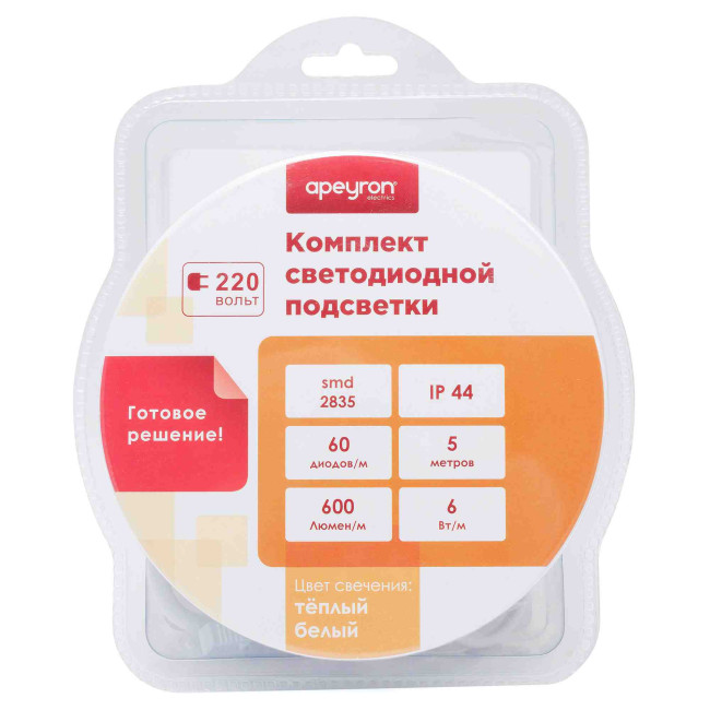 Комплект светодиодной ленты Apeyron 220В 6Вт/м smd2835 60д/м IP65 5м 3000К (сетевой шнур, заглушка, крепежи) 10-58 Комплект светодиодной ленты Apeyron 220В 6Вт/м smd2835 60д/м IP65 5м 3000К (сетевой шнур, заглушка, крепежи) 10-58