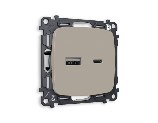 Комплект механизма розетки 2USB A+C 20W (быстрая зарядка) Ambrella Volt Omega MO371010