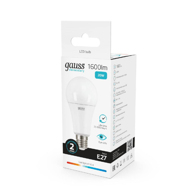 Лампа cветодиодная Gauss E27 20W 4100K груша матовая 23229 Лампа cветодиодная Gauss E27 20W 4100K груша матовая 23229
