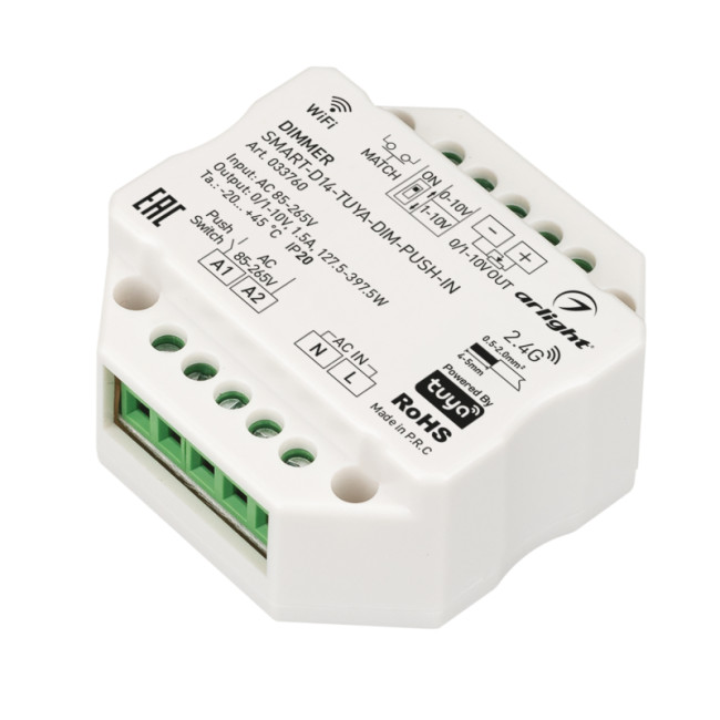 Диммер Arlight Smart-D14-Tuya-Dim-Push-IN (230V, 1.5A, 0/1-10V, 2.4G) 033760 Диммер Arlight Smart-D14-Tuya-Dim-Push-IN (230V, 1.5A, 0/1-10V, 2.4G) 033760