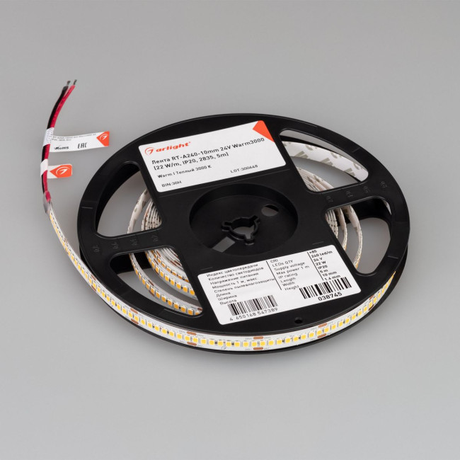 Светодиодная лента Arlight RT-A240-10mm 24V Warm3000 (22 W/m, IP20, 5m) (высок.эфф.150 лм/Вт) 038745(1) Светодиодная лента Arlight RT-A240-10mm 24V Warm3000 (22 W/m, IP20, 5m) (высок.эфф.150 лм/Вт) 038745(1)