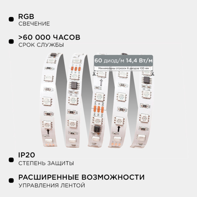 Комплект адресной светодиодной ленты Apeyron 24В 14,4Вт/м smd5050 60д/м IP20 5м RGB (адаптер питания, контроллер) 10-93 Комплект адресной светодиодной ленты Apeyron 24В 14,4Вт/м smd5050 60д/м IP20 5м RGB (адаптер питания, контроллер) 10-93