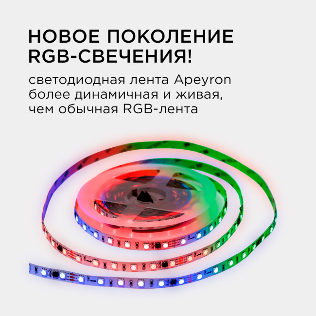 Комплект адресной светодиодной ленты Apeyron 24В 14,4Вт/м smd5050 60д/м IP20 5м RGB (адаптер питания, контроллер) 10-93 Комплект адресной светодиодной ленты Apeyron 24В 14,4Вт/м smd5050 60д/м IP20 5м RGB (адаптер питания, контроллер) 10-93