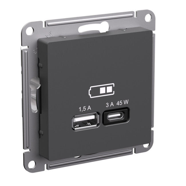 Розетка USB A + тип-C 45Вт высокоскор.заряд. QC, PD Systeme Electric AtlasDesign Базальт ATN001429 Розетка USB A + тип-C 45Вт высокоскор.заряд. QC, PD Systeme Electric AtlasDesign Базальт ATN001429