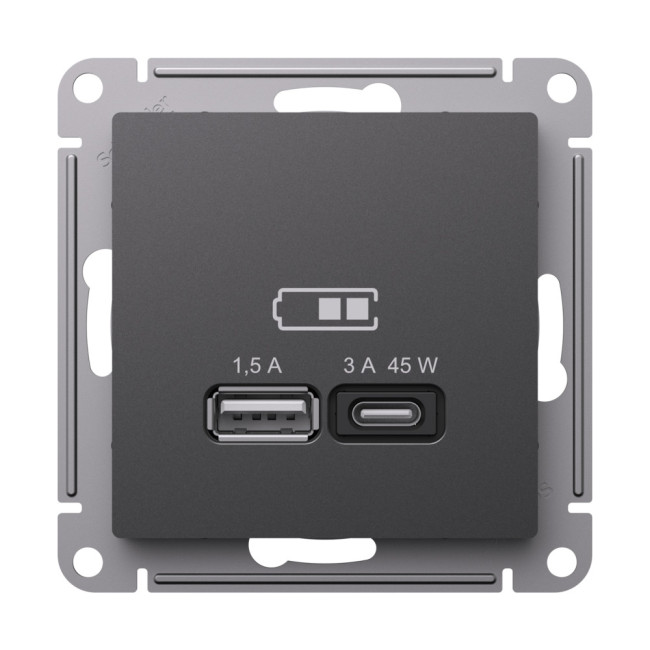 Розетка USB A + тип-C 45Вт высокоскор.заряд. QC, PD Systeme Electric AtlasDesign Базальт ATN001429 Розетка USB A + тип-C 45Вт высокоскор.заряд. QC, PD Systeme Electric AtlasDesign Базальт ATN001429