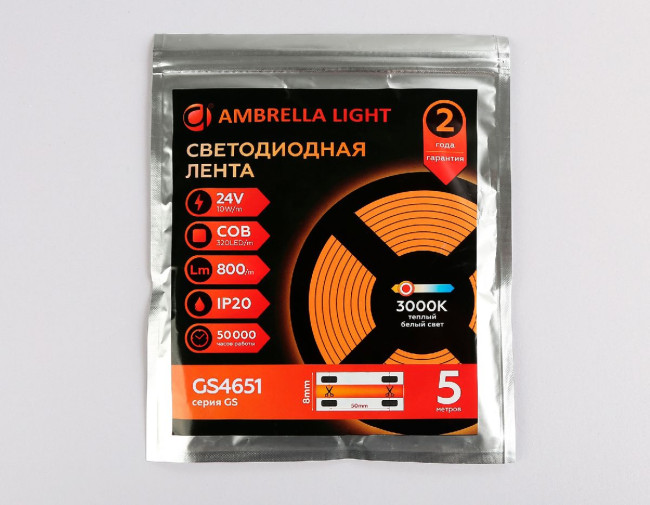 Светодиодная лента Ambrella Light Illumination 24В COB 10Вт/м 3000K 5м IP20 GS4651 Светодиодная лента Ambrella Light Illumination 24В COB 10Вт/м 3000K 5м IP20 GS4651