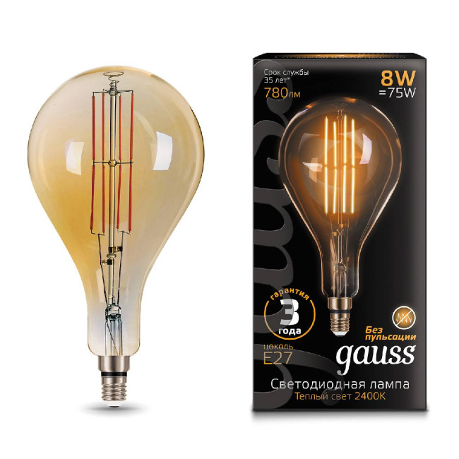 Лампа светодиодная филаментная Gauss E27 8W 2400K золотая 149802008 Лампа светодиодная филаментная Gauss E27 8W 2400K золотая 149802008