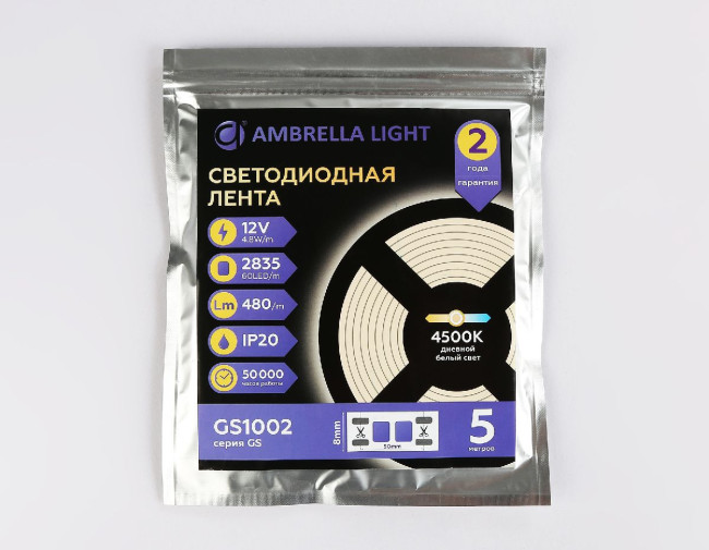 Светодиодная лента Ambrella Light LED Strip 12В 2835 4,8Вт/м 4500K 5м IP20 GS1002