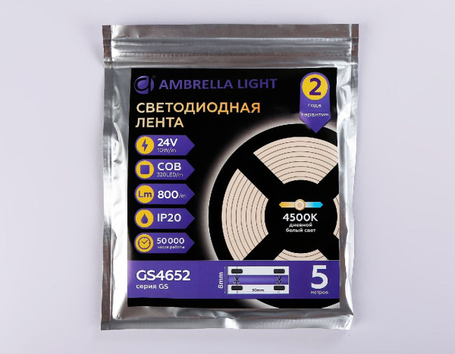 Светодиодная лента Ambrella Light Illumination 24В COB 10Вт/м 4500K 5м IP20 GS4652 Светодиодная лента Ambrella Light Illumination 24В COB 10Вт/м 4500K 5м IP20 GS4652