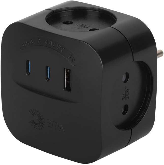 Разветвитель электрический ЭРА SP-4-3USBAC-B на 4 розетки + 3 USB A+C со шторками 10А черный Б0069084