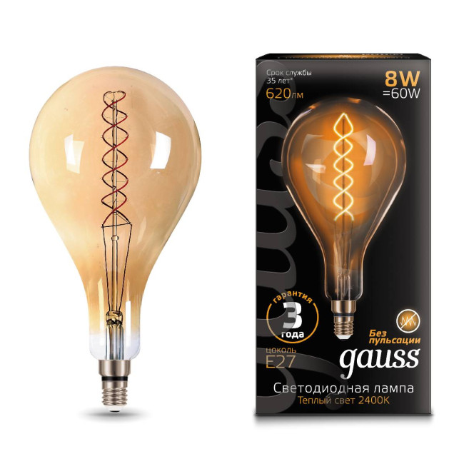 Лампа светодиодная филаментная Gauss E27 8W 2400K золотая 150802008 Лампа светодиодная филаментная Gauss E27 8W 2400K золотая 150802008
