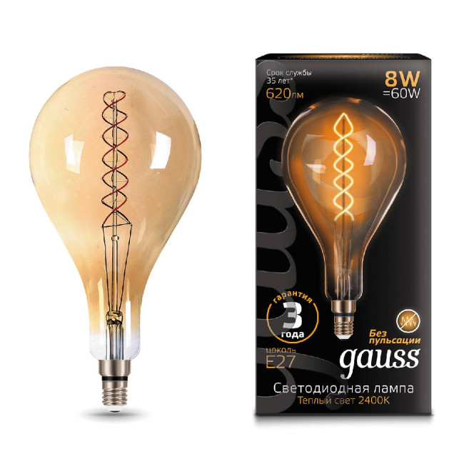 Лампа светодиодная филаментная Gauss E27 8W 2400K золотая 150802008 Лампа светодиодная филаментная Gauss E27 8W 2400K золотая 150802008