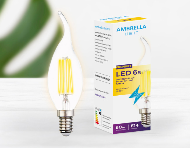 Филаментная cветодиодная лампа Ambrella Light Filament C37L E14 6W 3000K 202214 Филаментная cветодиодная лампа Ambrella Light Filament C37L E14 6W 3000K 202214