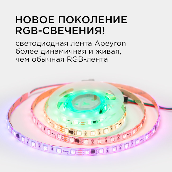 Комплект адресной светодиодной ленты Apeyron 24В 14,4Вт/м smd5050 60д/м IP65 2м RGB (адаптер питания, контроллер) 10-95 Комплект адресной светодиодной ленты Apeyron 24В 14,4Вт/м smd5050 60д/м IP65 2м RGB (адаптер питания, контроллер) 10-95