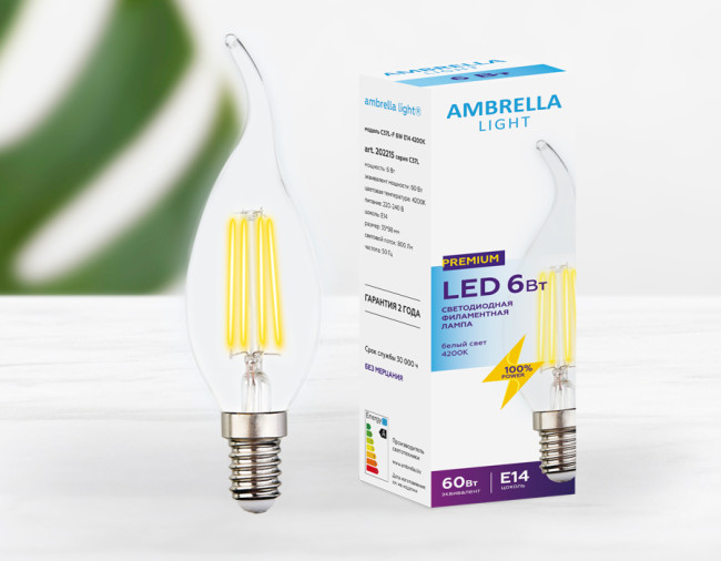 Филаментная cветодиодная лампа Ambrella Light Filament C37L E14 6W 4200K 202215 Филаментная cветодиодная лампа Ambrella Light Filament C37L E14 6W 4200K 202215