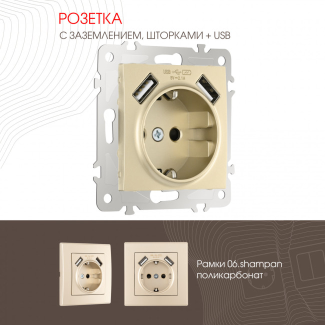 Розетка с заземлением, шторками + 2 USB Arte Milano 206.47-1.shampan