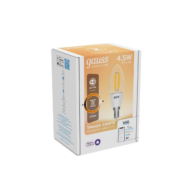 Лампа светодиодная диммируемая филаментная Gauss E14 4,5W 2700K прозрачная 1230112 Лампа светодиодная диммируемая филаментная Gauss E14 4,5W 2700K прозрачная 1230112