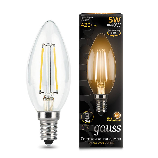 Лампа светодиодная филаментная Gauss E14 5W 2700К прозрачная 103801105 Лампа светодиодная филаментная Gauss E14 5W 2700К прозрачная 103801105