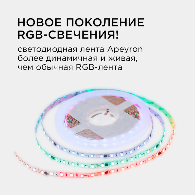 Комплект адресной светодиодной ленты Apeyron 24В 14,4Вт/м smd5050 60д/м IP20 10м RGB (адаптер питания, контроллер) 10-99 Комплект адресной светодиодной ленты Apeyron 24В 14,4Вт/м smd5050 60д/м IP20 10м RGB (адаптер питания, контроллер) 10-99