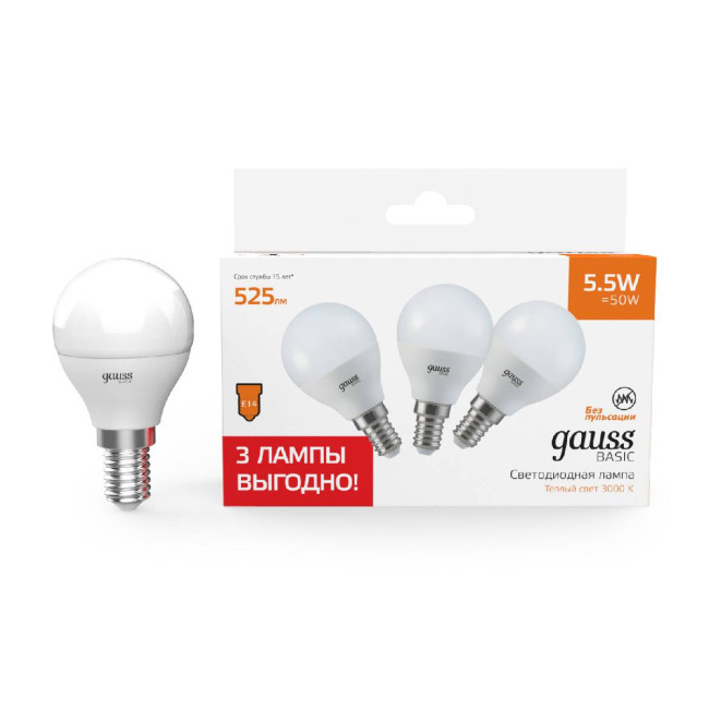 Лампа светодиодная Gauss Basic E14 5,5W 3000K 10531152T Лампа светодиодная Gauss Basic E14 5,5W 3000K 10531152T