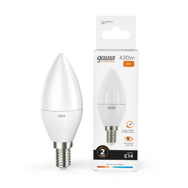 Лампа cветодиодная Gauss E14 6W 3000K свеча матовая 33116 Лампа cветодиодная Gauss E14 6W 3000K свеча матовая 33116