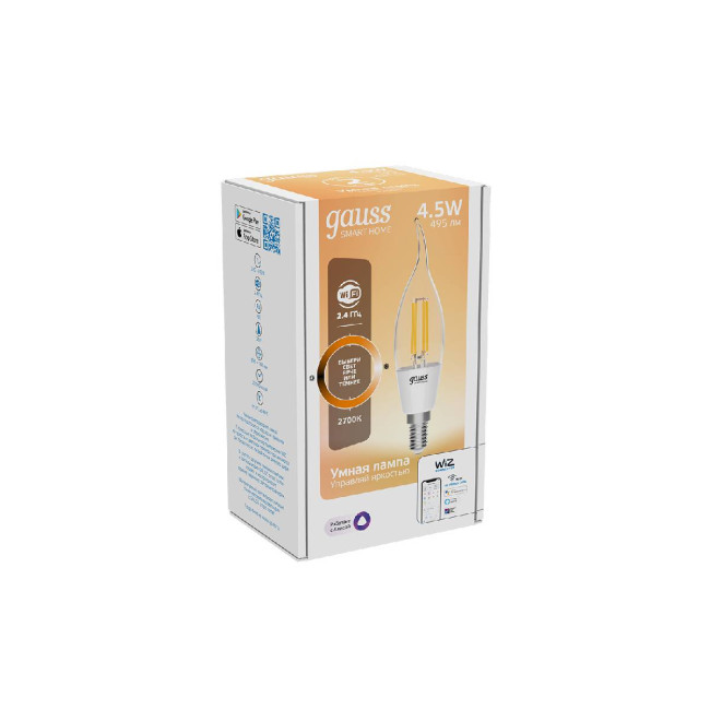 Лампа светодиодная диммируемая филаментная Gauss E14 4,5W 2700K прозрачная 1260112 Лампа светодиодная диммируемая филаментная Gauss E14 4,5W 2700K прозрачная 1260112