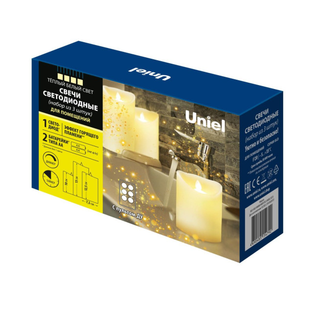 Набор свечей светодиодных Uniel ULD-F055 WARM WHITE RC CANDLE SET3 UL-00008623 Набор свечей светодиодных Uniel ULD-F055 WARM WHITE RC CANDLE SET3 UL-00008623