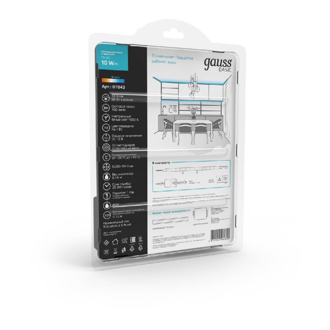 Светодиодная лента Gauss Basic 12В 5050 10Вт/м 4000K 5м IP20 BT043 Светодиодная лента Gauss Basic 12В 5050 10Вт/м 4000K 5м IP20 BT043