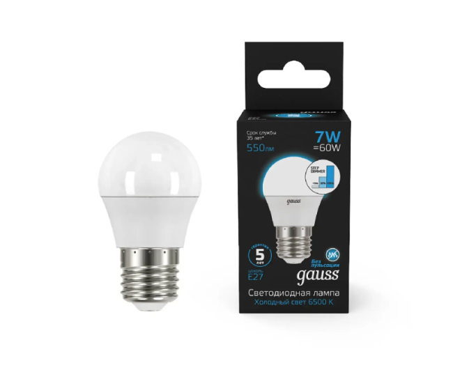 Лампа светодиодная Gauss E27 6,5W 6500K матовая 105102307 Лампа светодиодная Gauss E27 6,5W 6500K матовая 105102307