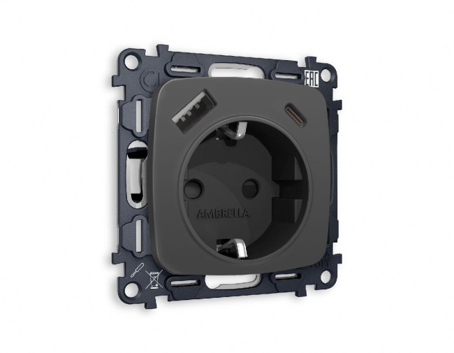 Комплект механизма розетки 2USB A+C 20W (быстрая зарядка) с/з Ambrella Volt Omega MO910010 Комплект механизма розетки 2USB A+C 20W (быстрая зарядка) с/з Ambrella Volt Omega MO910010