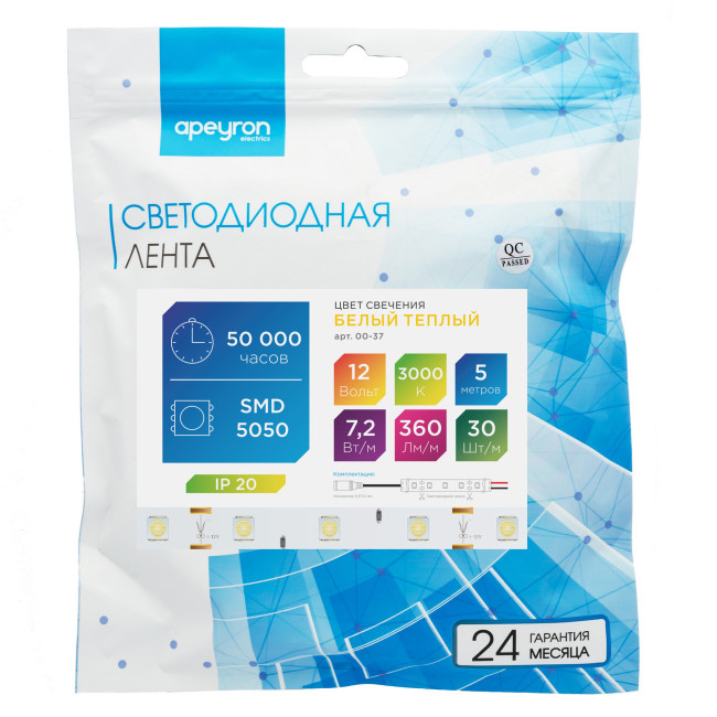 Светодиодная лента Apeyron 12В СТ 7,2Вт/м smd5050 30д/м IP20 360Лм/м 5м 3000К 00-37 Светодиодная лента Apeyron 12В СТ 7,2Вт/м smd5050 30д/м IP20 360Лм/м 5м 3000К 00-37