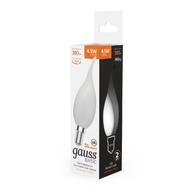 Светодиодная филаментная лампа Gauss Basic Filament Е14 4,5W 2700K 1045115 Светодиодная филаментная лампа Gauss Basic Filament Е14 4,5W 2700K 1045115