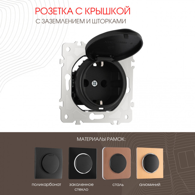 Розетка с заземлением, шторками и защитной крышкой Arte Milano 202.41-1.black Розетка с заземлением, шторками и защитной крышкой Arte Milano 202.41-1.black
