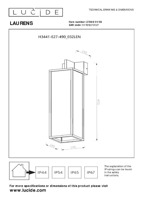Уличный настенный светильник Lucide Laurens 27806/01/30 Уличный настенный светильник Lucide Laurens 27806/01/30