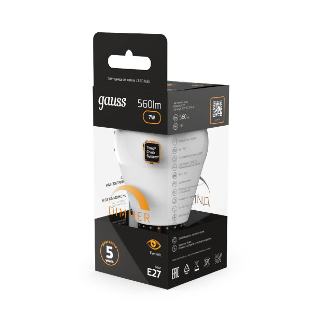 Лампа светодиодная диммируемая Gauss E27 7W 3000K матовая 105102107-D Лампа светодиодная диммируемая Gauss E27 7W 3000K матовая 105102107-D