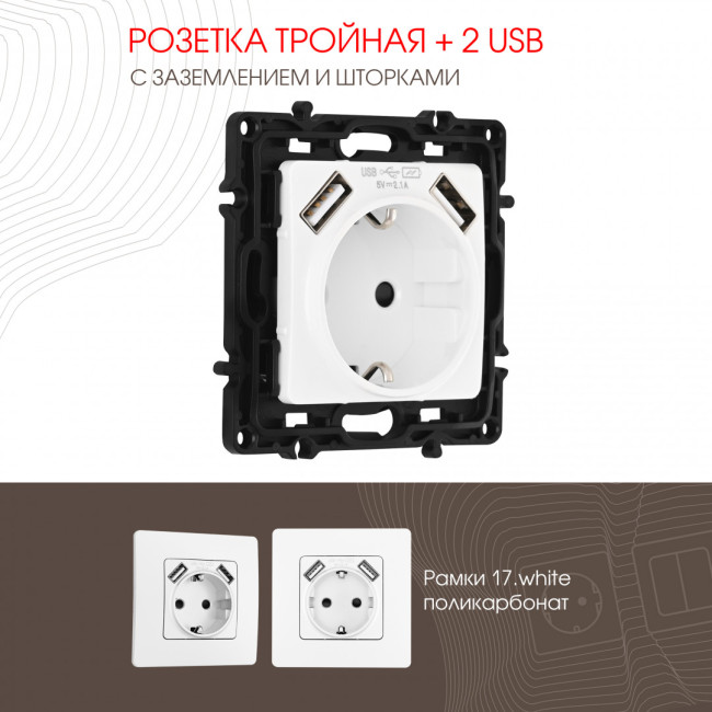 Розетка с заземлением, шторками + 2 USB Arte Milano 217.47-1.white Розетка с заземлением, шторками + 2 USB Arte Milano 217.47-1.white