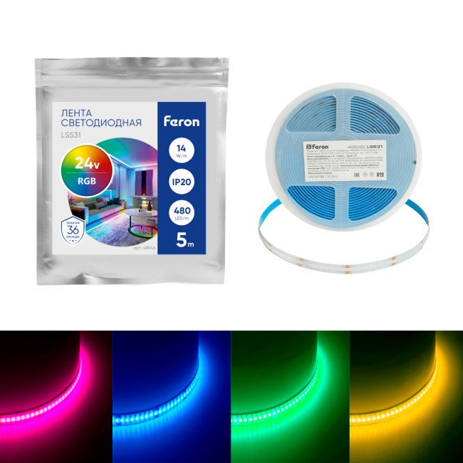 Светодиодная лента Feron LS531 24В 14Вт/м RGB 5м IP20 48946 Светодиодная лента Feron LS531 24В 14Вт/м RGB 5м IP20 48946