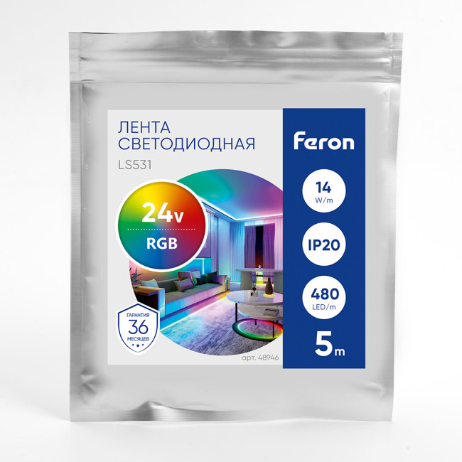 Светодиодная лента Feron LS531 24В 14Вт/м RGB 5м IP20 48946 Светодиодная лента Feron LS531 24В 14Вт/м RGB 5м IP20 48946