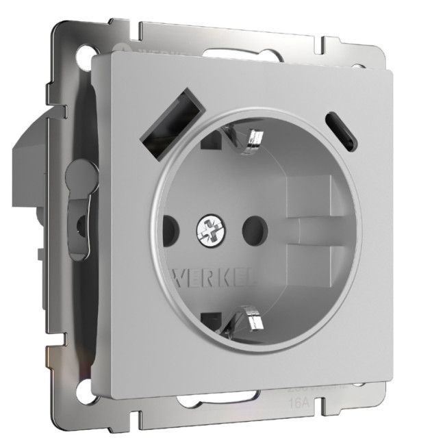 Розетка Werkel Розетка с заземлением, шторками и USB тип A+C (серебряный) W1171706 4690389206870 a067703 Розетка Werkel Розетка с заземлением, шторками и USB тип A+C (серебряный) W1171706 4690389206870 a067703