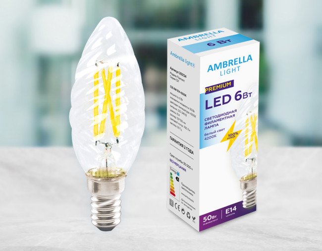 Светодиодная лампа Ambrella Light Filament C35 E14 6W 4200K 202124 Светодиодная лампа Ambrella Light Filament C35 E14 6W 4200K 202124