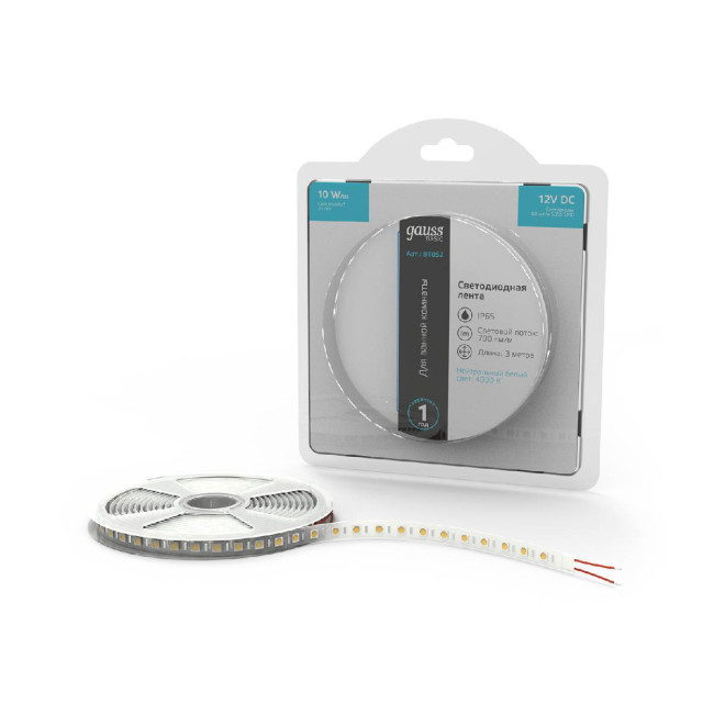 Светодиодная лента Gauss Basic 12В 5050 10Вт/м 4000K 3м IP65 BT052 Светодиодная лента Gauss Basic 12В 5050 10Вт/м 4000K 3м IP65 BT052