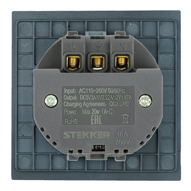 Розетка 1-местная з/ш с/з 16А + USB + Type C (механизм) Stekker Мия 250В 20W RST16-3119-05 черный бархат 50452 Розетка 1-местная з/ш с/з 16А + USB + Type C (механизм) Stekker Мия 250В 20W RST16-3119-05 черный бархат 50452