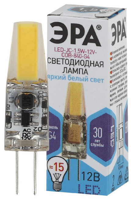 Лампа светодиодная Эра G4 1,5W 4000K LED JC-1,5W-12V-COB-840-G4 Б0033198 Лампа светодиодная Эра G4 1,5W 4000K LED JC-1,5W-12V-COB-840-G4 Б0033198
