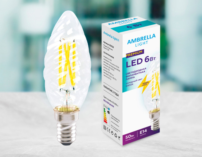 Светодиодная лампа Ambrella Light Filament C35 E14 6W 6400K 202126 Светодиодная лампа Ambrella Light Filament C35 E14 6W 6400K 202126