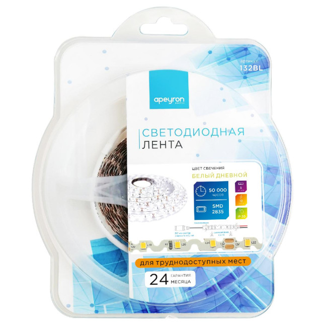 Светодиодная лента Apeyron 12В СТ 4,8Вт/м smd2835 60д/м IP20 400Лм/м 5м 4000К 132BL Светодиодная лента Apeyron 12В СТ 4,8Вт/м smd2835 60д/м IP20 400Лм/м 5м 4000К 132BL