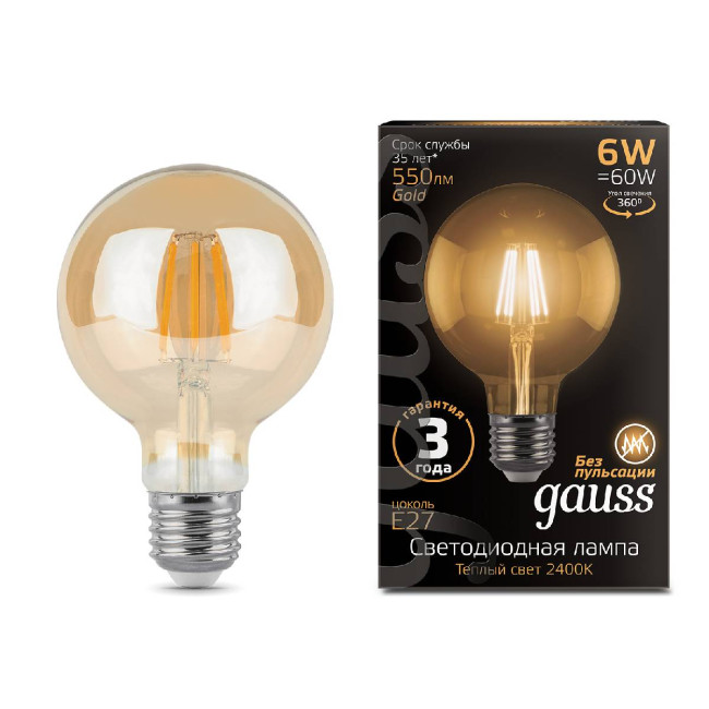 Лампа светодиодная филаментная Gauss E27 6W 2400K прозрачная 105802006 Лампа светодиодная филаментная Gauss E27 6W 2400K прозрачная 105802006